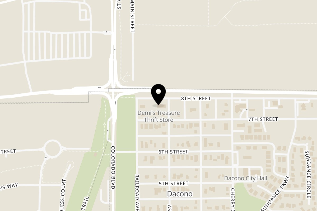 Map showing the location of Mustang Indian Nepali Cuisine on 114 8th St in Dacono